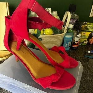Ashley Stewart Knotted Ankle-Strap Heels in Bright Pink Suede